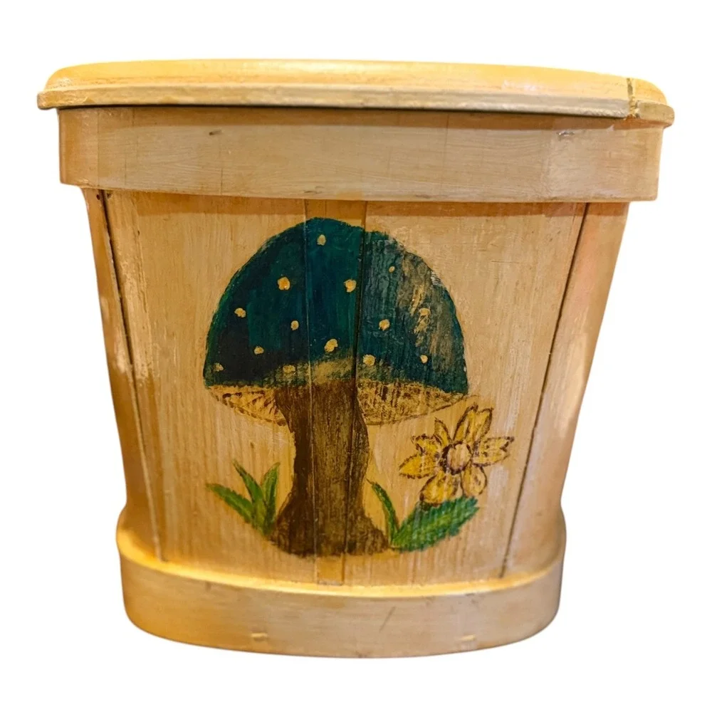 Vintage 1970s Mushroom Wooden Basket Purse Hand Painted Daisies Cottagecore
